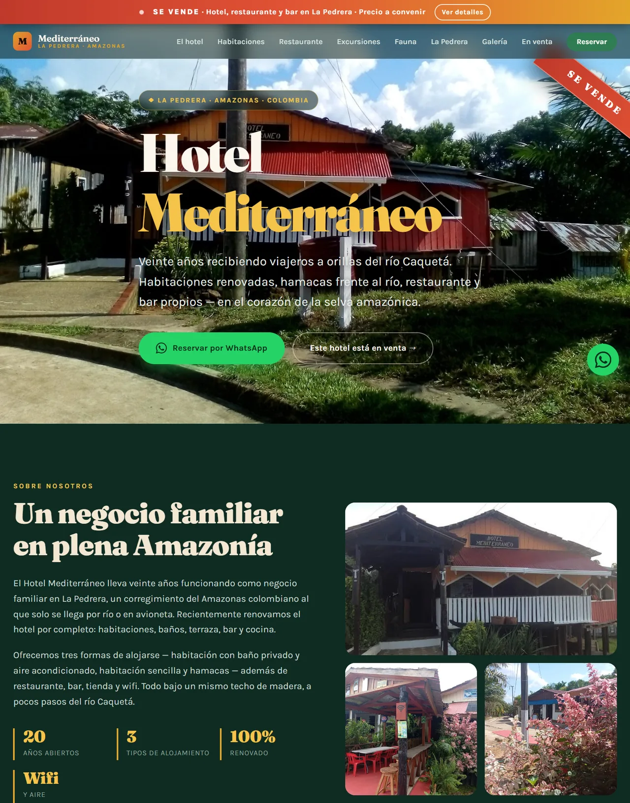 Startseite des Hotel Mediterráneo am Rechner: Titelbild der Fassade, darüber ein Band mit dem Verkaufshinweis