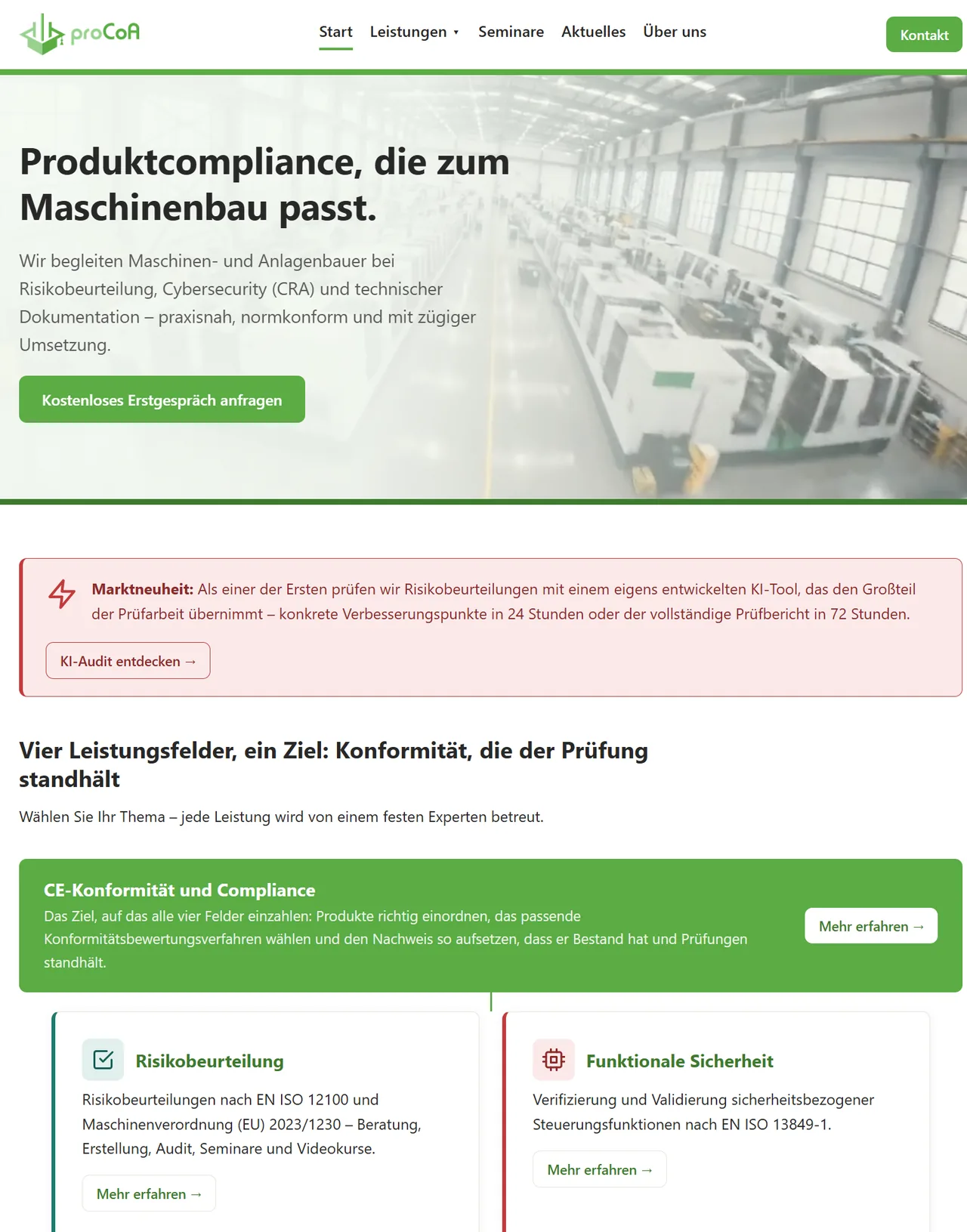 Startseite von procoa.de am Rechner: Titelbild einer Fertigungshalle mit der Überschrift zur Produktcompliance