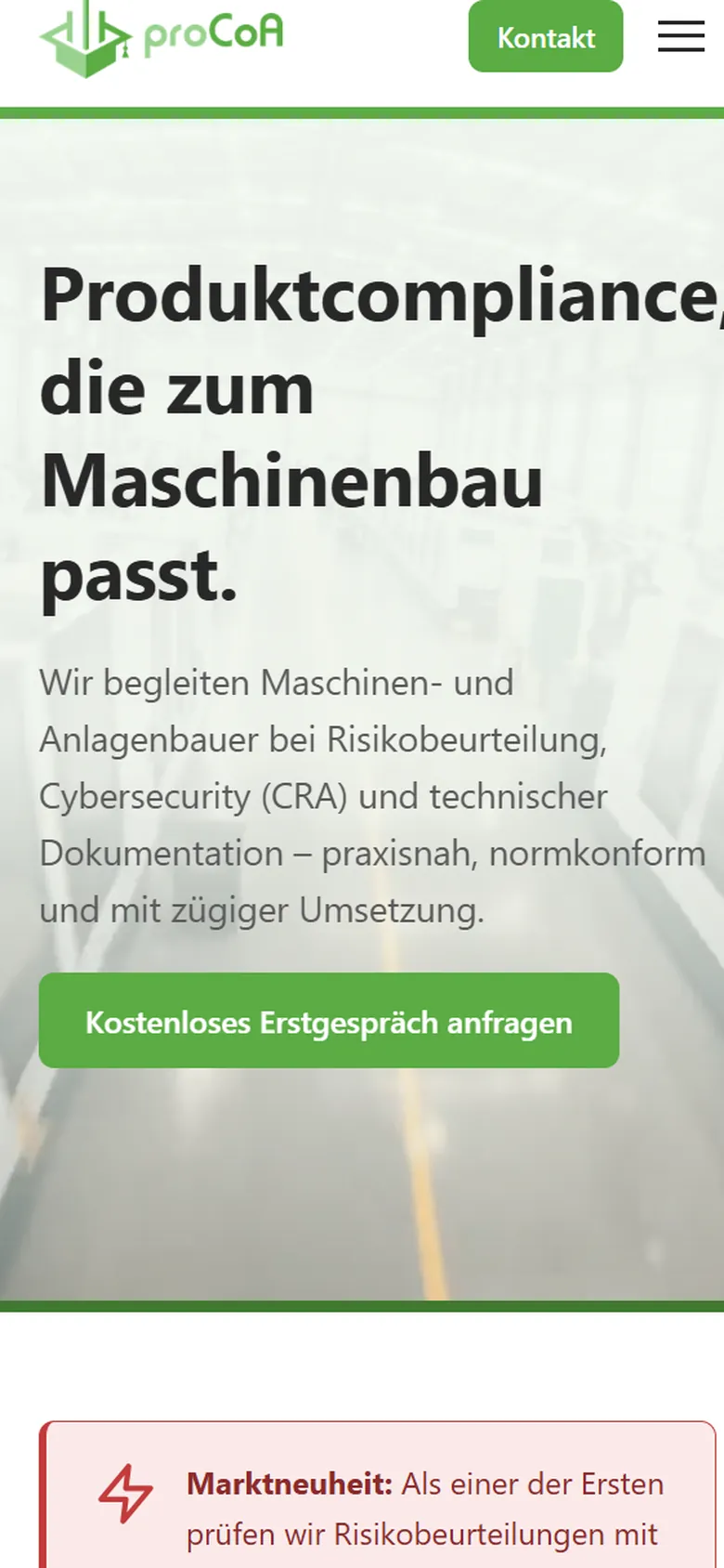 Dieselbe Startseite auf dem Handy: Überschrift, Text und der grüne Knopf untereinander